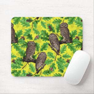 Owls in the Forest on lemon yellow Mouse Pad