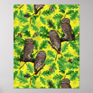 Owls in the Forest on lemon yellow Poster