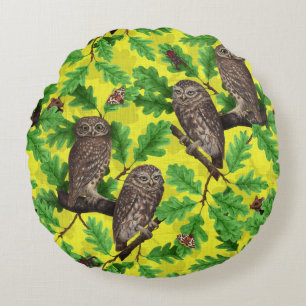 Owls in the Forest on lemon yellow Round Cushion