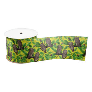 Owls in the Forest on lemon yellow Satin Ribbon
