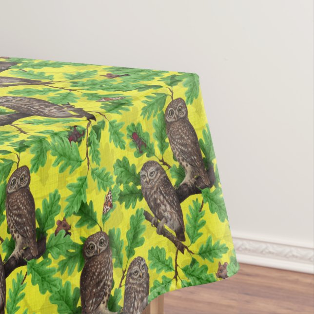 Owls in the Forest on lemon yellow Tablecloth (In Situ)