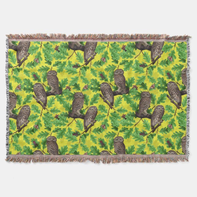 Owls in the Forest on lemon yellow Throw Blanket (Front)