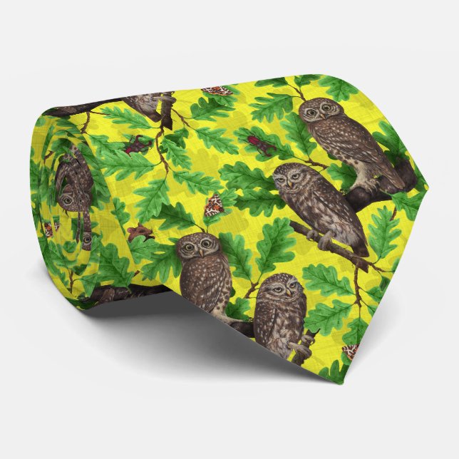 Owls in the Forest on lemon yellow Tie (Rolled)