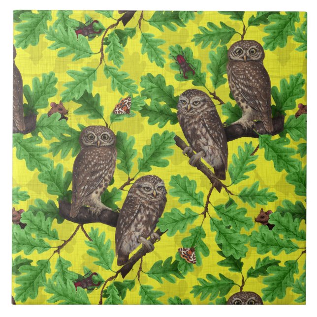 Owls in the Forest on lemon yellow Tile (Front)