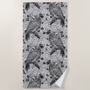 Owls in the oak tree, black and white beach towel
