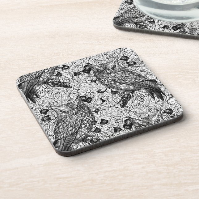 Owls in the oak tree, black and white coaster (Left Side)