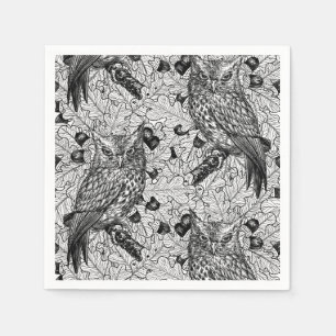 Owls in the oak tree, black and white napkin