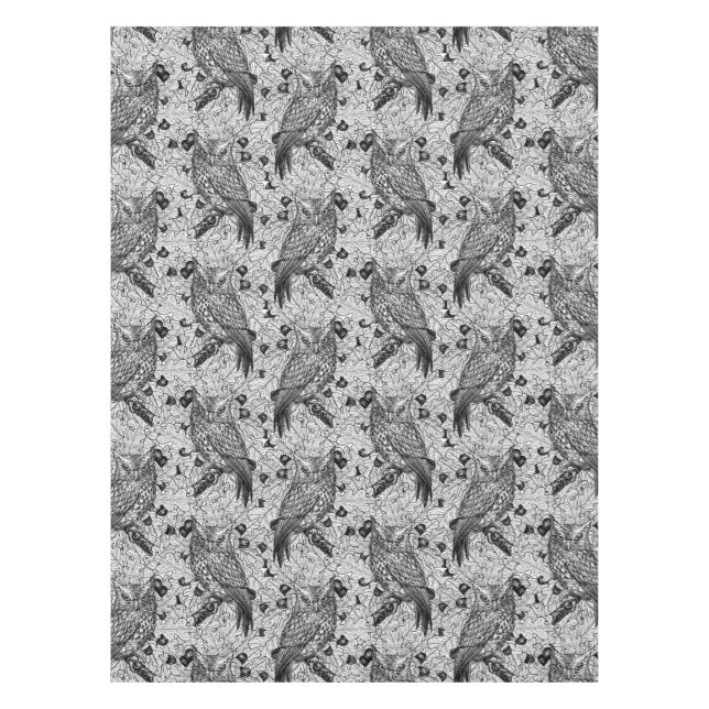 Owls in the oak tree, black and white tablecloth (Front)