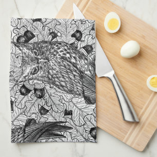 Owls in the oak tree, black and white tea towel