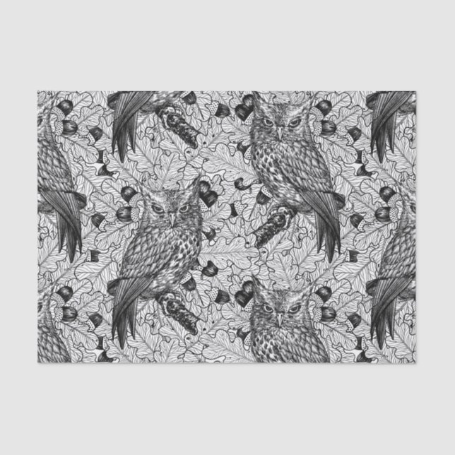 Owls in the oak tree, black and white tissue paper (Front)