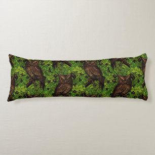 Owls in the oak tree, green and brown body cushion