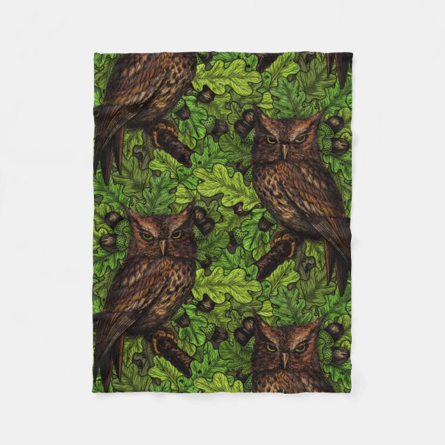 Owls in the oak tree, green and brown fleece blanket (Front)