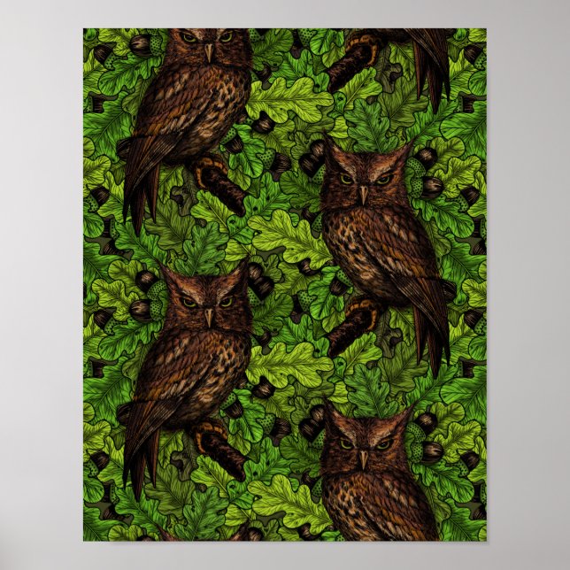 Owls in the oak tree, green and brown poster (Front)