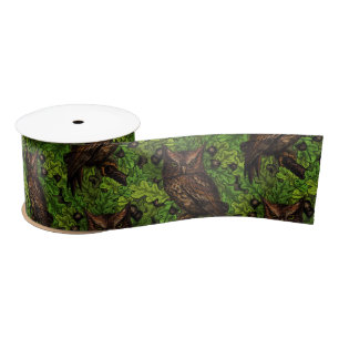 Owls in the oak tree, green and brown satin ribbon