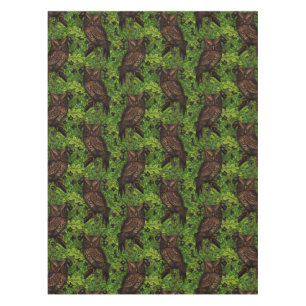 Owls in the oak tree, green and brown tablecloth