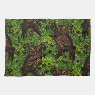 Owls in the oak tree, green and brown tea towel