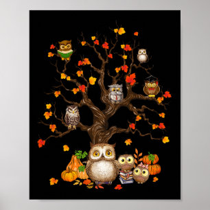 Owls Leaves Tree Fall Autumn Pumpkin Halloween Owl Poster