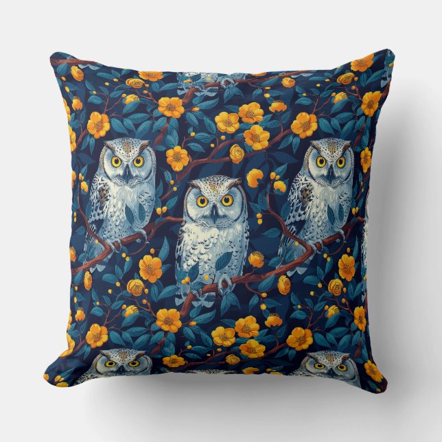 Owls on floral background, flowers, leaves, dark,  cushion (Front)
