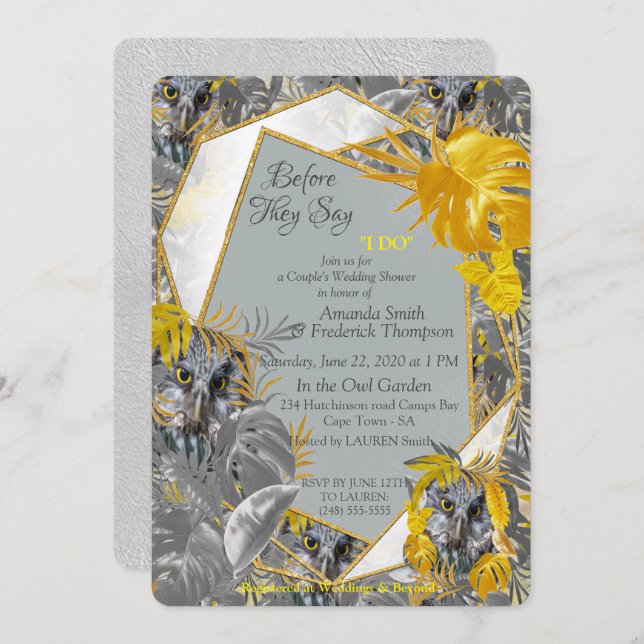 Owls - Plant leaves in Grey /Yellow 2021 colours Invitation (Front/Back)