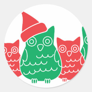 Owls Red and Green Classic Round Sticker