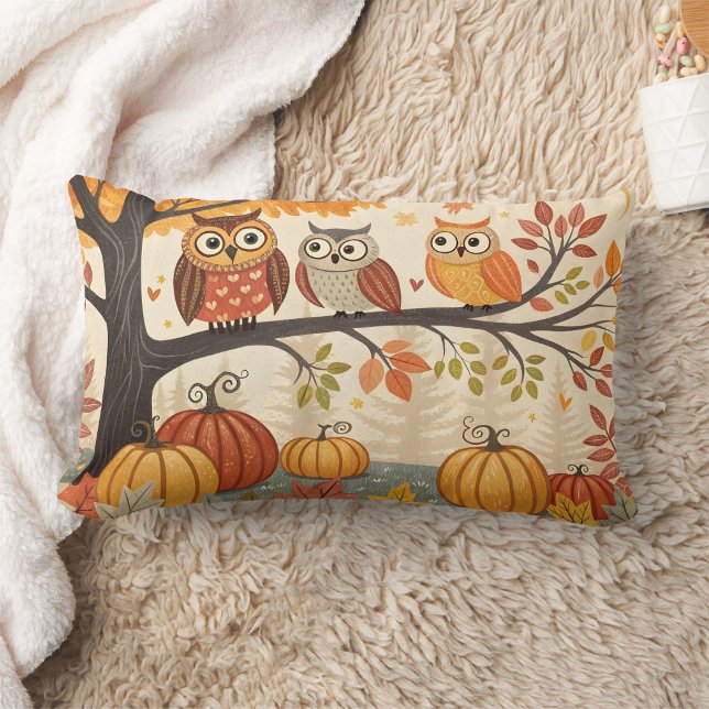 Owls sitting on tree branches with pumpkins lumbar cushion (Creator Uploaded)