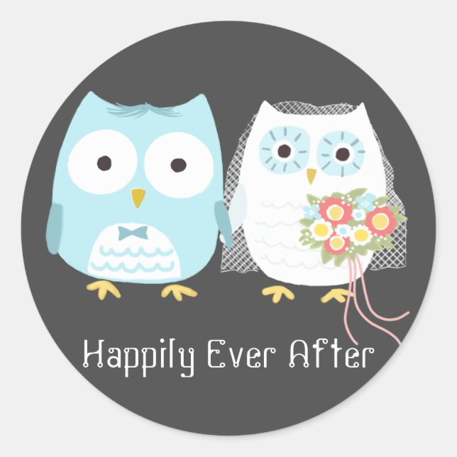 Owls Wedding Bride and Groom Cute Newlyweds Classic Round Sticker (Front)