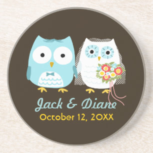 Owls Wedding - Bride and Groom with Custom Text Coaster