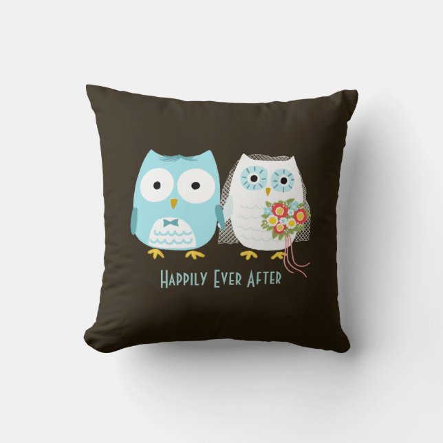Owls Wedding - Bride and Groom with Custom Text Cushion (Front)