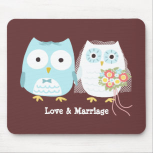 Owls Wedding Bride and Groom with Custom Text Mouse Pad