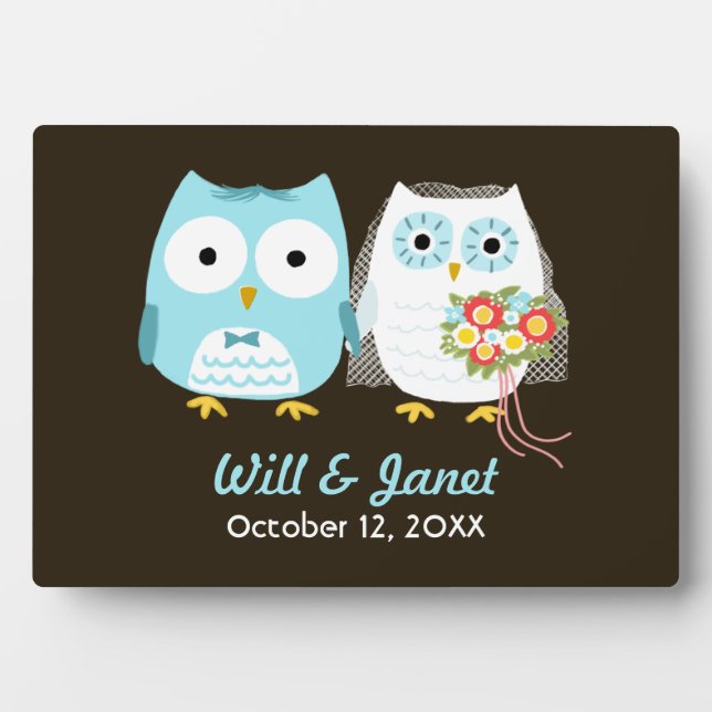 Owls Wedding - Bride and Groom with Custom Text Plaque (Front)