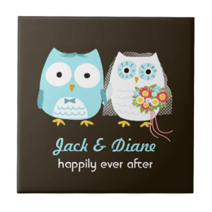 Owls Wedding - Bride and Groom with Custom Text Tile