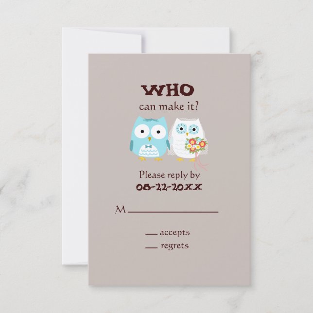Owls Wedding RSVP - Cute Bride and Groom (Front)