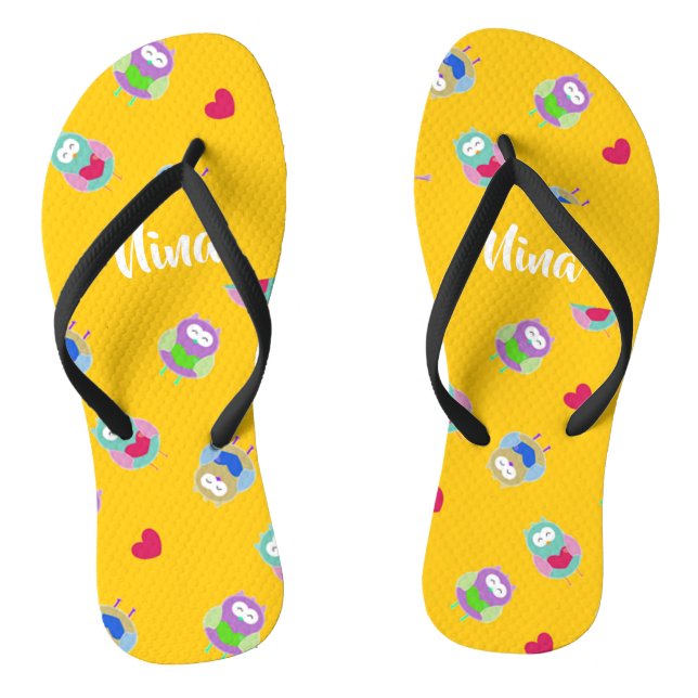 Owls with hearts on orange jandals (Footbed)
