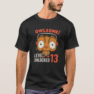 Owlsome Owl Gaming Level 13 Unlocked 13Th Birthday T-Shirt