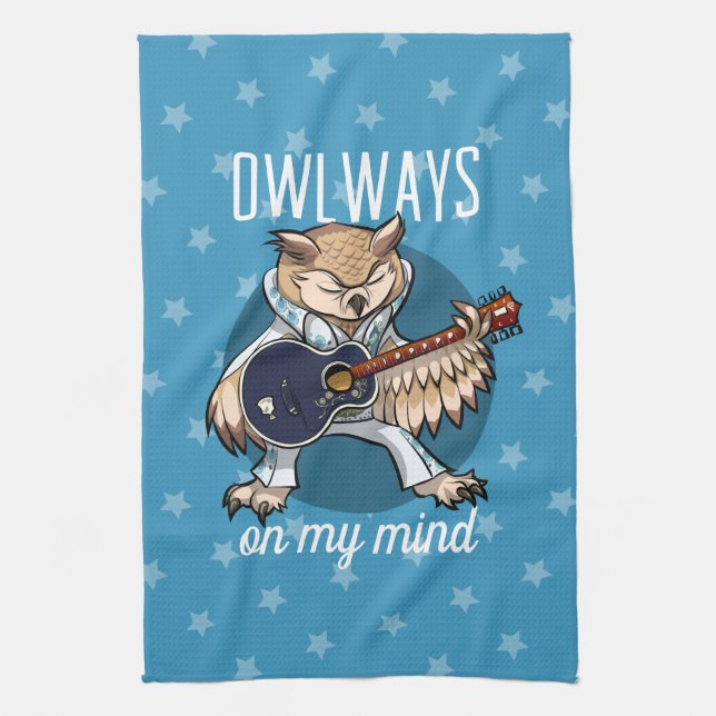 Owlways On My Mind Owl in Jumpsuit Cartoon Tea Towel (Vertical)