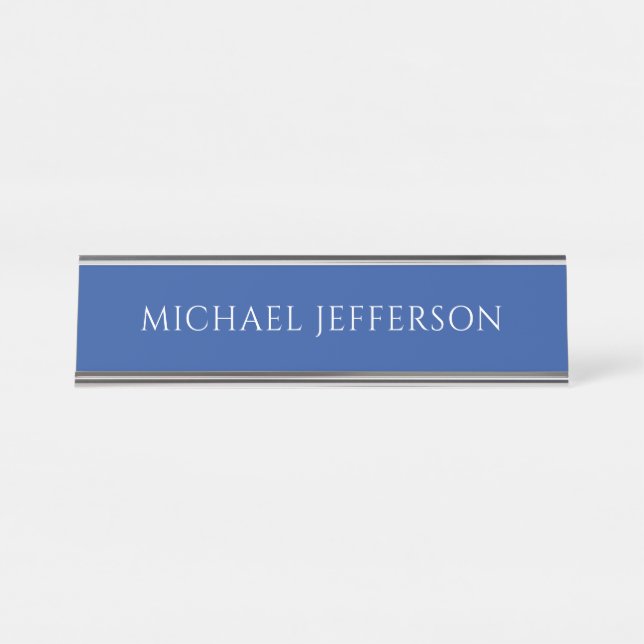 Own Name Plain Blue Colour Personalised Custom Desk Name Plate (Front)