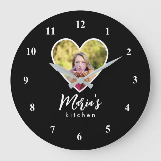 Own Photo in Black Heart Frame Modern Calligraphy Large Clock (Front)