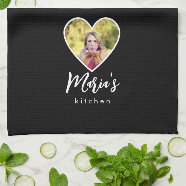Own Photo in Black Heart Frame Modern Calligraphy Tea Towel (Folded)