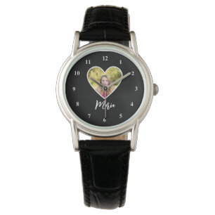Own Photo in Black Heart Frame Modern Calligraphy Watch
