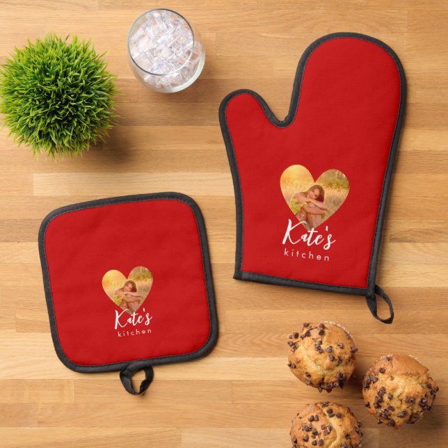 Own Photo Red Heart Frame Modern Calligraphy Oven Mitt & Pot Holder Set (Top Down)