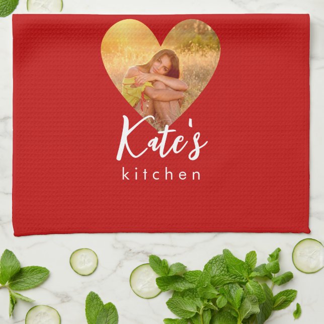Own Photo Red Heart Frame Modern Calligraphy Tea Towel (Folded)