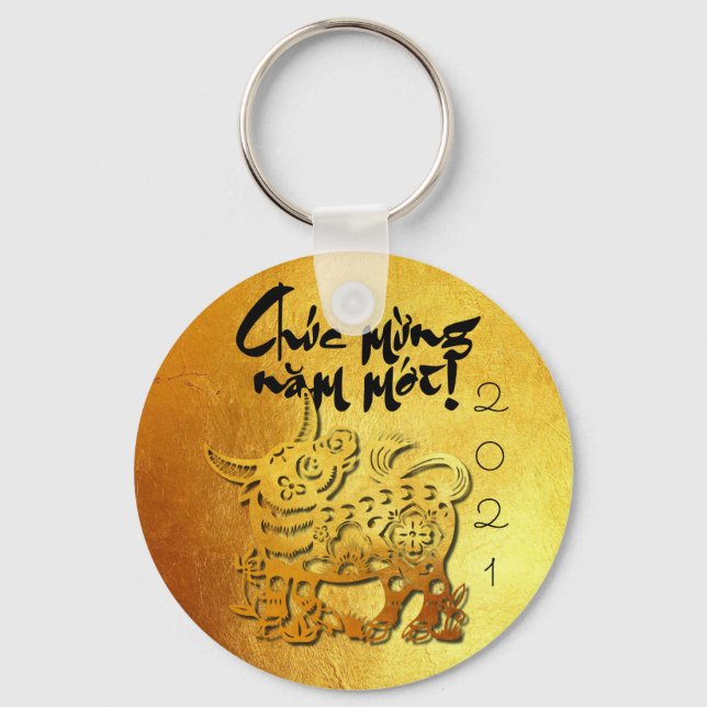 Ox Year custom Y Greeting in Vietnamese Gold BRK Key Ring (Front)