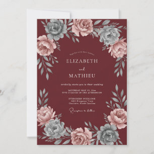 Oxblood Painted Leafy Wedding Invitation