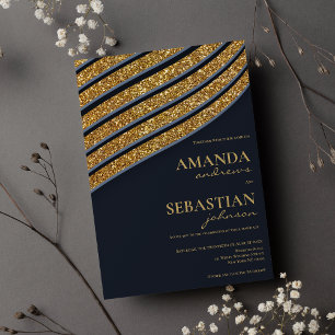 Oxford blue gold glitter geometric typo wedding invitation
