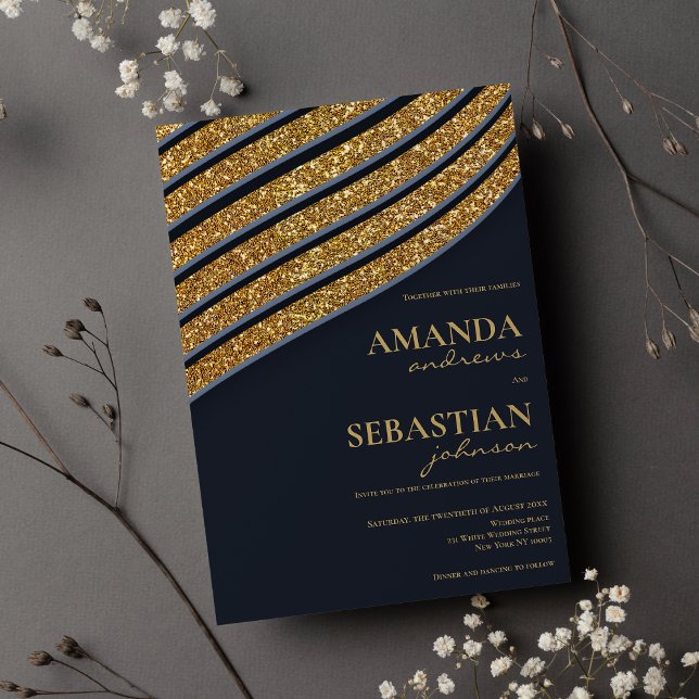 Oxford blue gold glitter geometric typo wedding invitation (Oxford blue gold glitter geometric typo wedding)