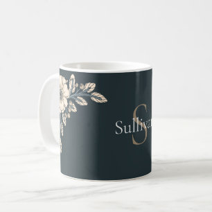 Oxford Blue Gold Monogram Elegant Flowers Coffee Mug