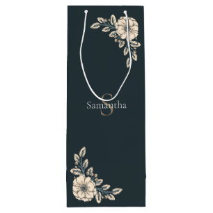 Oxford Blue Gold Monogram Elegant Flowers Wine Gift Bag