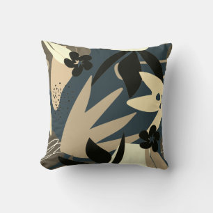 Oxford Blue Tan & Black Artistic Abstract Leaves Cushion