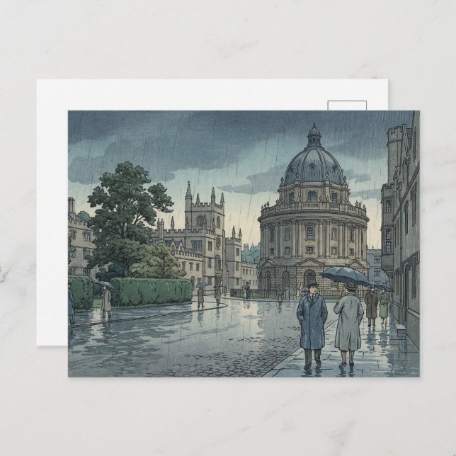 Oxford University in Rain Japanese Woodblock Print Postcard (Front/Back)