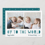 Oy to the World | 2 Photo Hanukkah Holiday Card<br><div class="desc">Whimsical Hanukkah photo card features two of your favourite family photos in a square format aligned side by side. "Oy to the World" appears beneath in blue and green cutout lettering. Personalise with your family name or names, custom greeting, and the year along the bottom. A funny and modern Hanukkah...</div>